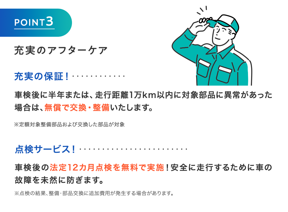 「POINT3」充実のアフターケア 「充実の保証！」車検後に半年または、走行距離1万km以内に対象部品に異常があった場合は、無償で交換・整備いたします。「点検サービス！」車検後の法定12カ月点検を無料で実施！安全に走行するために車の故障を未然に防ぎます。※点検の結果、整備・部品交換に追加費用が発生する場合があります。